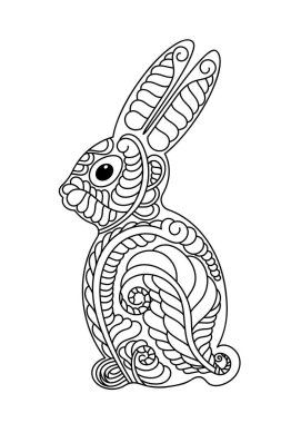 Beyaz arka planda çocuklar ve yetişkinler için sevimli tavşan boyama kitabı. El çizimi Vektör illüstrasyonu.