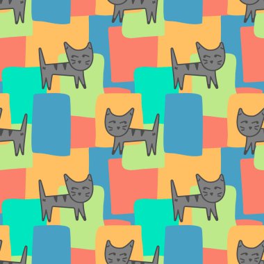 Şirin, kusursuz kedi deseni. Renkli dikdörtgen üzerinde gri hayvanlar. Kumaş ve kağıt için elle çizilmiş vektör arkaplanı.