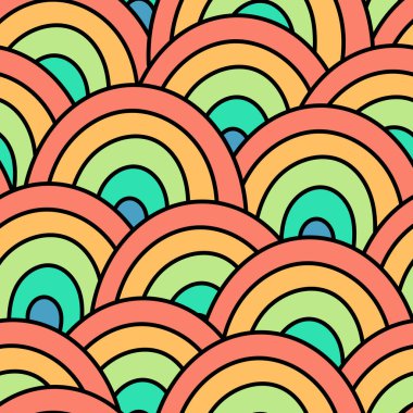 Çizilmiş gökkuşağı ile kusursuz vektör deseni. Hoş renkli bir geçmişi var. Kumaş dokusu, duvar kağıdı, ambalaj, kapak