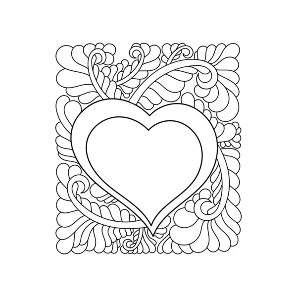 Malvorlagen Herz Valentinstag. Malbuch für Kinder und Erwachsene. Dekorativer Liebesrahmen mit Herz, handgezeichnete Grußkarte — Stockvektor