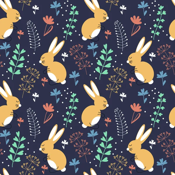 Lindo conejo y plantas patrón sin costura. Ilustración vectorial de un conejo o liebre. Animales y antecedentes botánicos de hierbas y plantas. — Archivo Imágenes Vectoriales