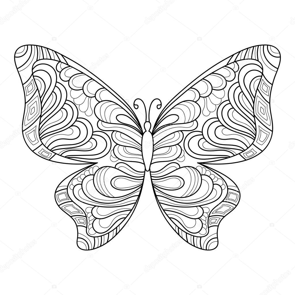 Butterflies for adult and older children anti stress coloring pages in doodle style. Hand drawn sketch. Insect for posters or prints decoration.