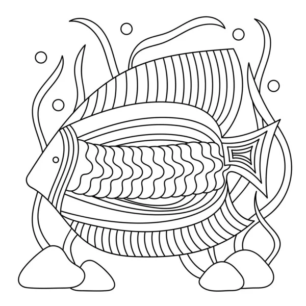 Страница Раскраской Морская Рыба Водоросли Водой Морской Векторный Мотив Скрипты — стоковый вектор