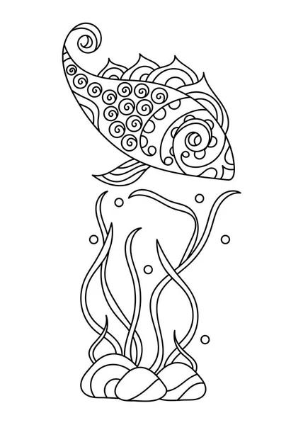 水中魚のぬり絵 手描きの魚は 多くの詳細と海藻応力着色本 ベクトル絶縁イラスト — ストックベクタ