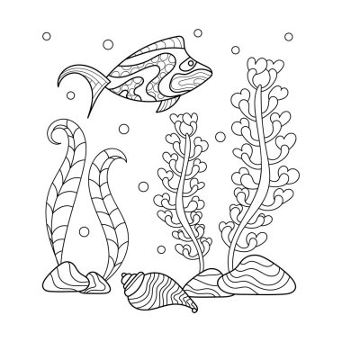 Boyama kitabı. El yapımı balık kabuğu ve yosun. Çocuklar ve yetişkinler için boyama sayfaları. Vektör vektör çizimi, siyah ve beyaz