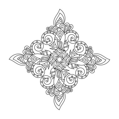 Boyama kitabı. Eşkenar dörtgen şeklinde dekoratif bir element. Dört ışın mandala, elle çizilmiş vektör boyama sayfası