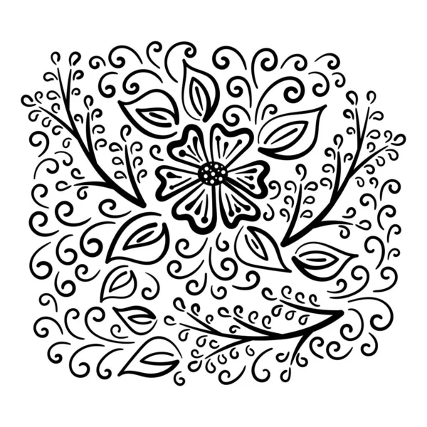 Bouquet Fleurs Dessiné Main Fleurs Abstraites Noir Blanc Feuilles Boucles — Image vectorielle