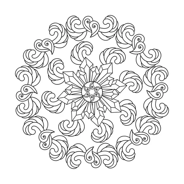 Libro Para Colorear Mandala Contorno Monocromo Con Cristales Patrón Adornado — Archivo Imágenes Vectoriales