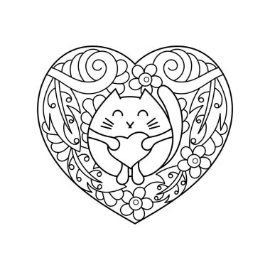 Boyama kitabı. Sevimli kedi ve kalp. Yetişkinler ve büyük çocuklar için boyama sayfası. Tebrik kartı için elle çizilmiş tasarım