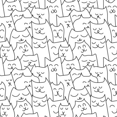 Kedi yüzlü, pürüzsüz desenli. Siyah beyaz hayvanlar, sevimli kediler. El çizimi vektör arkaplanı.