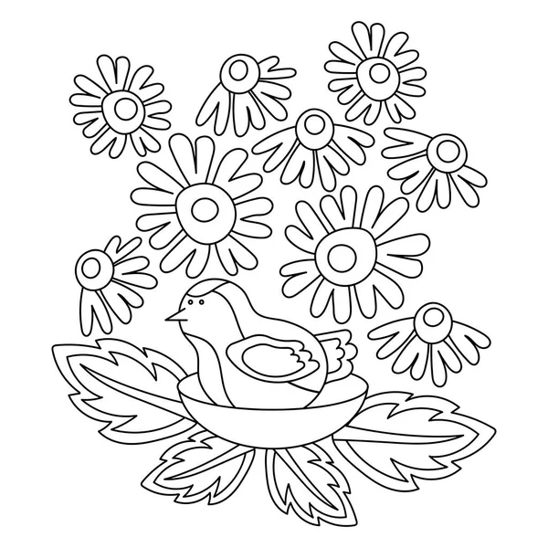 Libro Para Colorear Para Niños Pájaro Lindo Nido Flores Hojas — Vector de stock