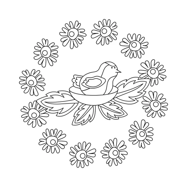 Libro Para Colorear Para Niños Lindo Pájaro Nido Flores Ilustración — Vector de stock