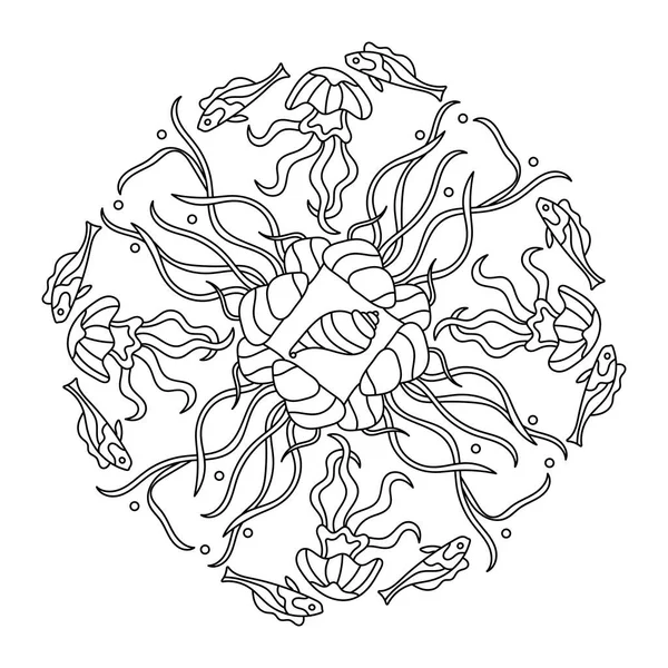 Livre Colorier Vie Marine Poissons Bulles Algues Méduses Mandala Illustration — Image vectorielle