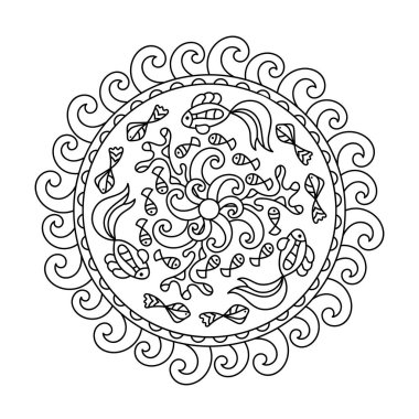 Deniz yaşamının boyama kitabı. Balık Mandala. El çizimi vektör illüstrasyonu,