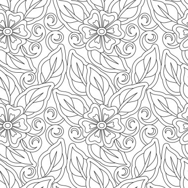 Tek renkli, dikişsiz çiçek desenleri. Çiçekler ve yapraklarla renklendirme kitabı. El çizimi vektör arkaplanı