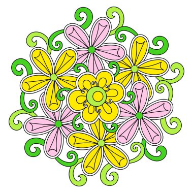 Çiçek mandala. - Evet. Çiçekler ve dekoratif unsurlar. El çizimi Vektör illüstrasyonları.