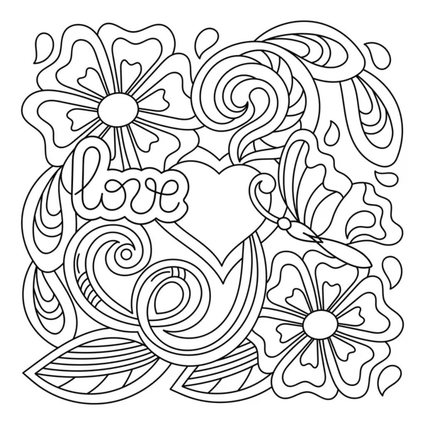 Kreskówkowy Ręcznie Rysowany Wzór Miłości Kolorowanka Linia Sztuki Sercami Kwiatami — Wektor stockowy