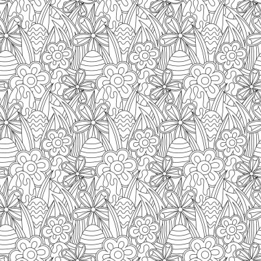 Paskalya temalı kusursuz desen. Çizgi film karalamaları. Paskalya yumurtası ve çiçek vektör arkaplanı.