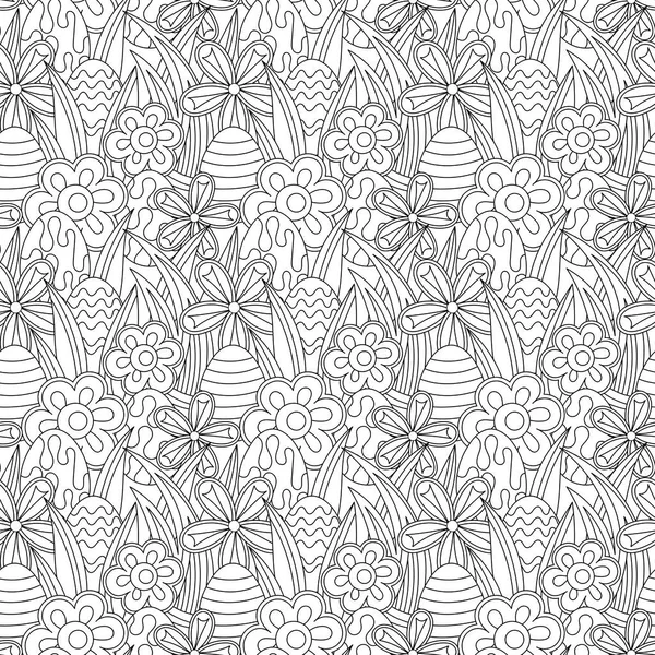 Paskalya temalı kusursuz desen. Çizgi film karalamaları. Paskalya yumurtası ve çiçek vektör arkaplanı.