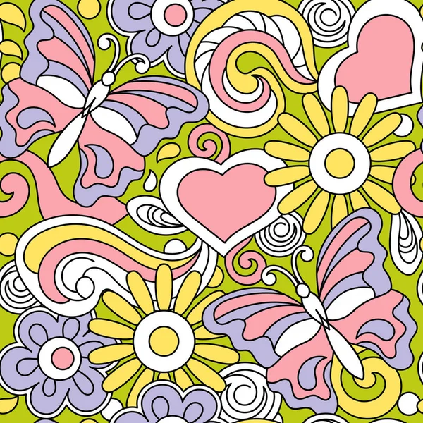 Primavera Estate Disegnato Mano Doodle Sfondo Senza Cuciture Fiori Farfalle — Vettoriale Stock