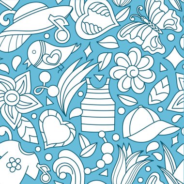 Bahar ya da yaz, el çizimi, kusursuz bir arka plan. Çiçekler, kelebekler, kalp, yaz giysileri. Sıcak mevsim, tatil vektör deseni.