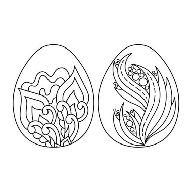 Karalama desenli Paskalya yumurtaları, el boyaması kitap sayfaları, beyaz arka planda izole edilmiş. Vektör illüstrasyonu