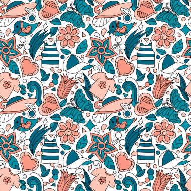 Elle çizilmiş kusursuz bir arka plan. Yaz tatili düzeni. Çiçekler, kelebekler, kalp, yaz giysileri. Sıcak mevsim, kumaş ve diğer yüzeyler için beyaz üzerine vektör illüstrasyonu