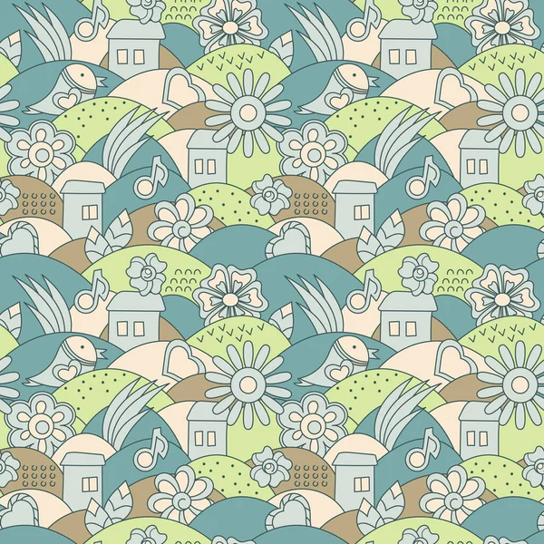 Seamless pattern. Vector Urban landscape. Cartoon hand drawn townhouses and flowers. Fabulous flower City.