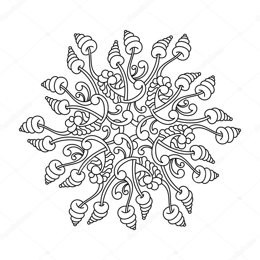 Abstract black and white mandala pattern. Magic plants. Coloring book for adults and children. Vector illustration.