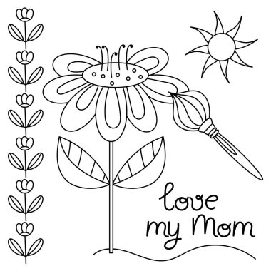 Boyama kitabı. Çocuk çizimi. Annemi seviyorum, el yazması harfler. Anneler Günü için tebrik kartları, 8 Mart ve diğer tatiller için. Vektör illüstrasyonu.