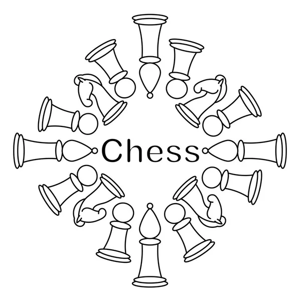 Satranç taşlarıyla vektör çizimi. Satranç kralı, vezir, kale, fil, at, piyon ile boyama sayfaları veya logosu.