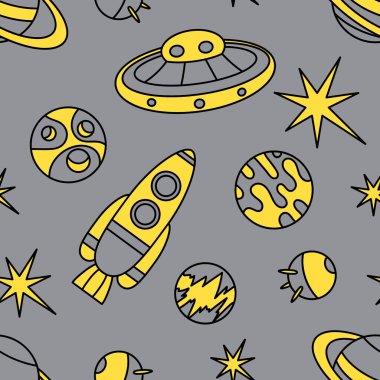 Evren, evren. Kusursuz desen. Gezegenlerin, yıldızların, uzay gemilerinin ve uyduların çizimleri. Vektör gri ve sarı arkaplan,