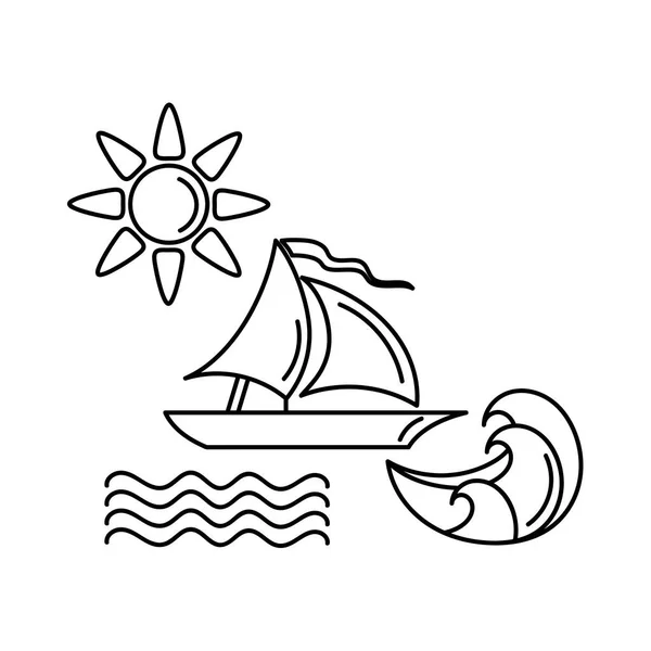 Livro para colorir para crianças. Navegando iate no mar, ondas, sol e nuvens. Desenho de doodle de linha. — Vetor de Stock