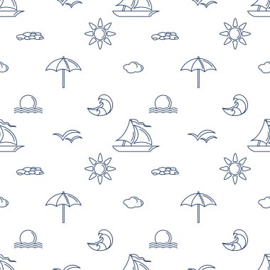 Yelkenli gemiler, yatlar, palmiye ağaçları, şemsiyeler, güneş. Beyaz arkaplanda özet