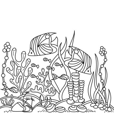 Yetişkinler ve büyük çocuklar için boyama kitabı. Denizci vektör motifi. Su altı dünyasının karalamaları.