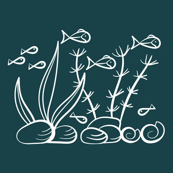 Ilustración vectorial marina dibujada a mano. Doodles of the underwater world, sea, ocean, river . Acuarios — Vector de stock