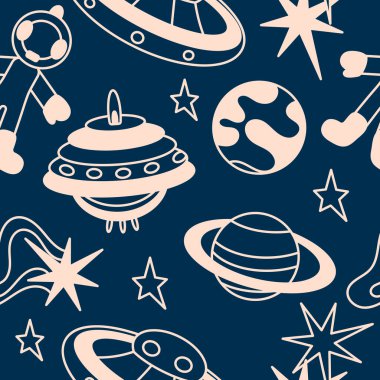 Çizgi film uzayı kusursuz desen. Uzay gemileri, astronotlar ve gezegenler. Duvar kağıdı arka plan. Mavi ve pembe