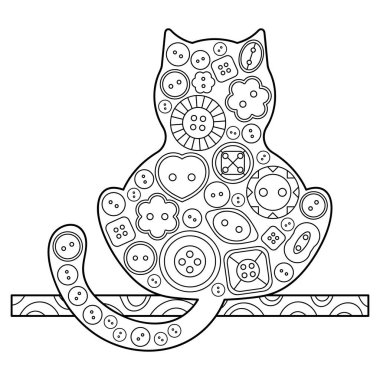 Kedi. Boyama kitabı. Dekoratif kedi. Dekoratif düğmelerle süslenmiş el çizimi vektör çizimleri. Beyaz arkaplanda izole edilmiş hayvan silueti, karalama tarzı.