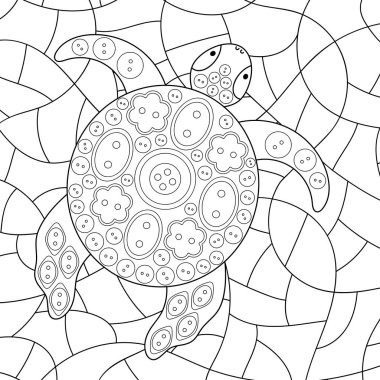 Boyama kitabı. Hayvanlar, Su Kaplumbağası. Mozaik arka plan. Dekoratif düğmelerle süslenmiş el çizimi vektör çizimleri. Bir sürü küçük detay. Yetişkinler için boyama kitabı .