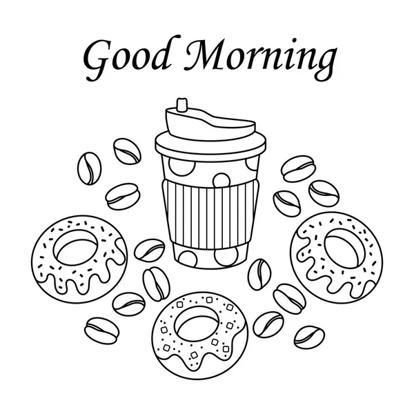 Buenos días, texto. Termotaza, donas y granos de café. Café para llevar, desayuno. Doodle Elements Vector Illustration. — Vector de stock