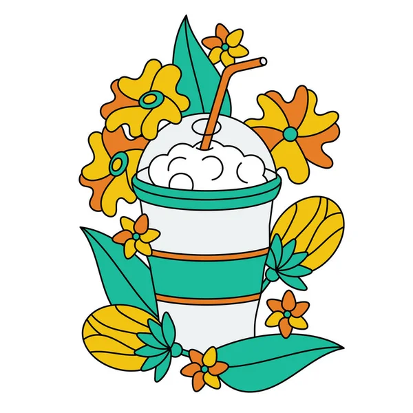 Ein Glas mit Strohhalm, leckeren Milchshakes oder Smoothies. Blumen und Knospen für die Dekoration. Vektorillustration für Speisekarte, Party-Einladung — Stockvektor