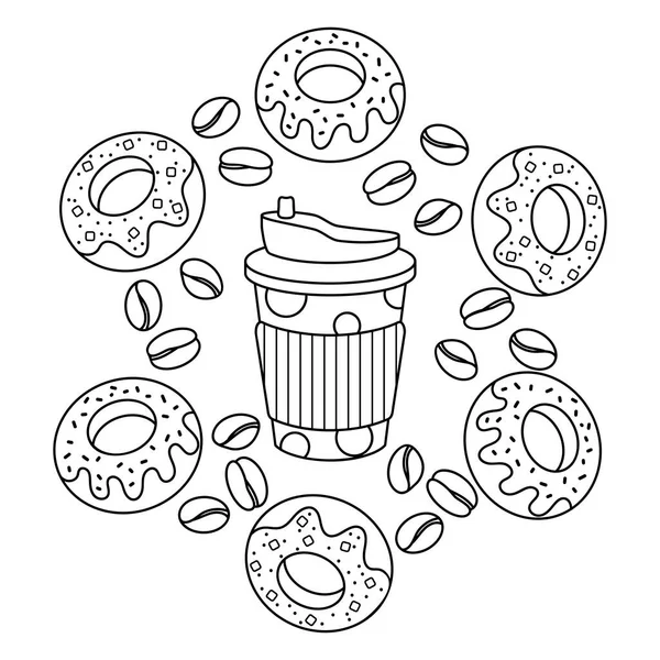 Livre à colorier. Thermocup, beignets et grains de café. Café à emporter, petit déjeuner. Doodle Elements Illustration vectorielle — Image vectorielle