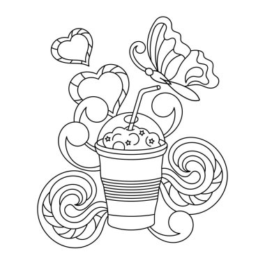 Yetişkinler ve çocuklar için boyama kitabı. Kamışlı bir bardak, lezzetli milkshake ya da smoothie. Kelebek, kalpler. Süslü dekoratif öğeler.