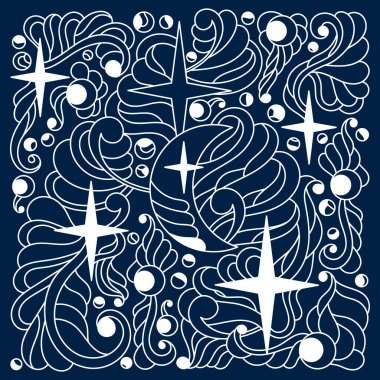 Gece gökyüzü. El çizimi ay, yıldız ve gökyüzü. Görüntü eşleşmesi. Soyut Vektör deseni. Mavi arkaplanda beyaz.