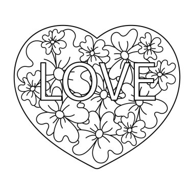 Cartoon hand-drawn Love pattern. Coloring book. Line art with hearts, flowers. Template of a greeting card. Vector illustration