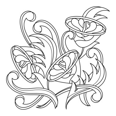 Coloring book for adults. An interweaving of fantastic flowers and stylized leaves. Hand drawn Decorative elements. Vector illustration.