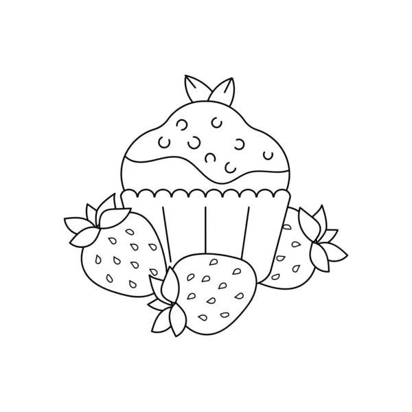 Malbuch Für Kinder Cupcake Und Erdbeeren Süßes Dessert Vektor Illustration — Stockvektor