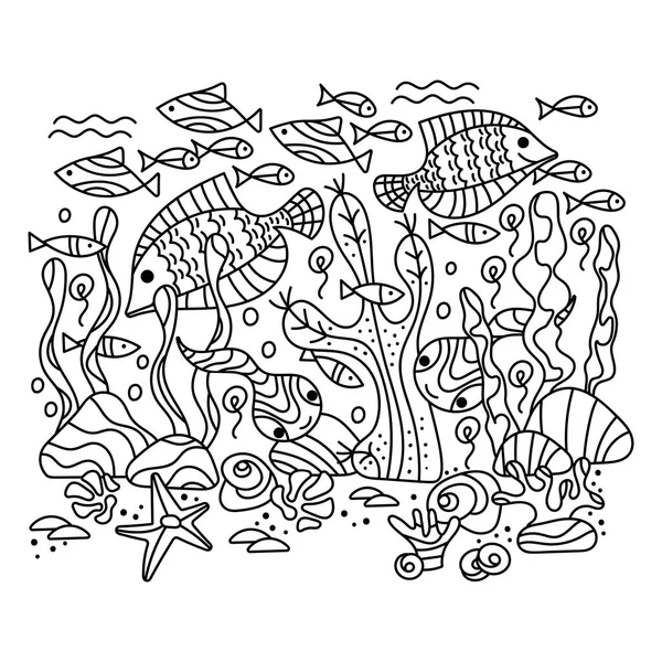 水中世界の動物 大人向けのぬり絵 魚や藻類の輪郭 ベクトル水族館の概念 生態系 — ストックベクタ