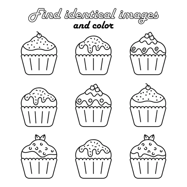 Juego Educativo Para Niños Encuentra Dos Fotos Idénticas Deliciosos Pastelitos — Vector de stock