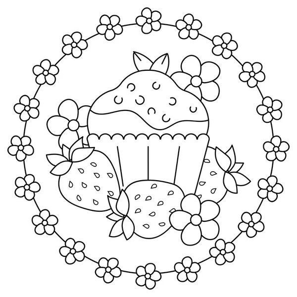 Kolorowanki Dla Dzieci Babeczki Truskawki Kwiaty Słodki Deser Wektorowa Ilustracja — Wektor stockowy